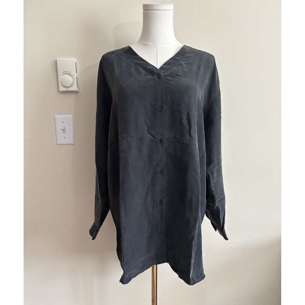 Bogari Womens Medium Button Up Top 100% Silk Short Sleeve Vintage Neutral Chic